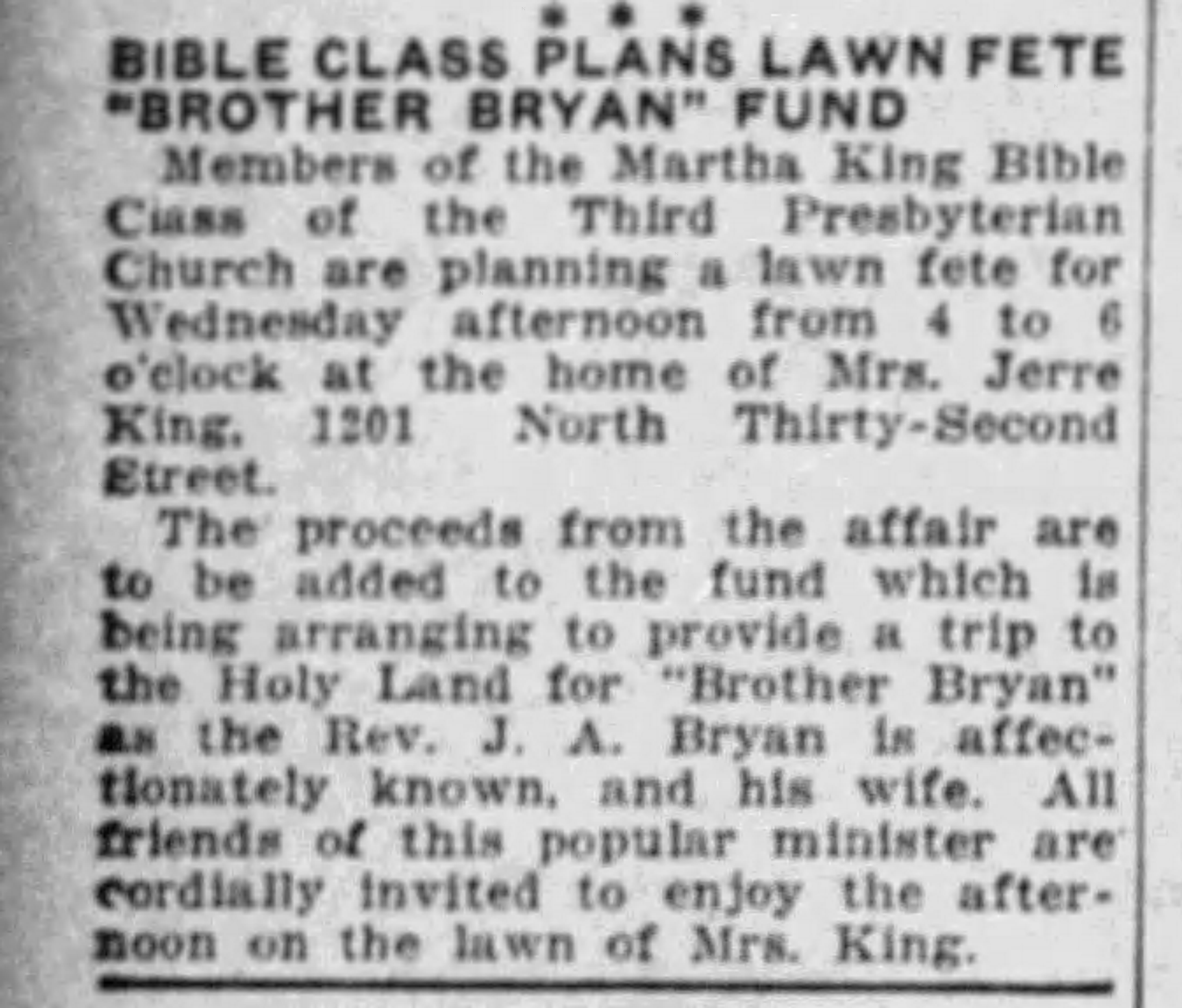 Bible Class Plans Lawn Fete 
